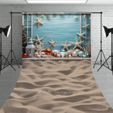Lofaris Coastal Christmas Sweep Photo Backdrop Beach Theme with Starfish and Ornaments Blue Wood Wall Holiday Prop
